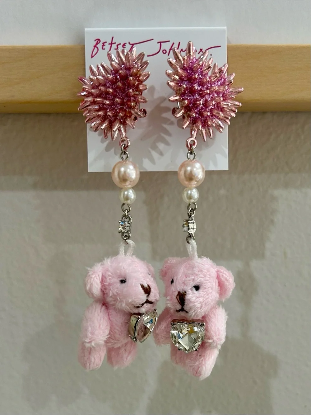 Betsey Johnson Spikey Heart Plush Teddy Bear Drop Earrings